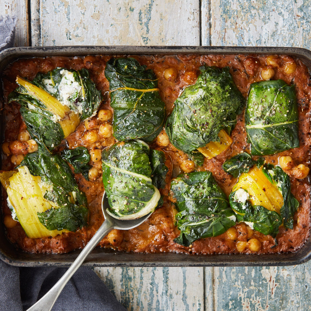 Baked Ricotta-Stuffed Chard in a Spiced Chickpea Curry