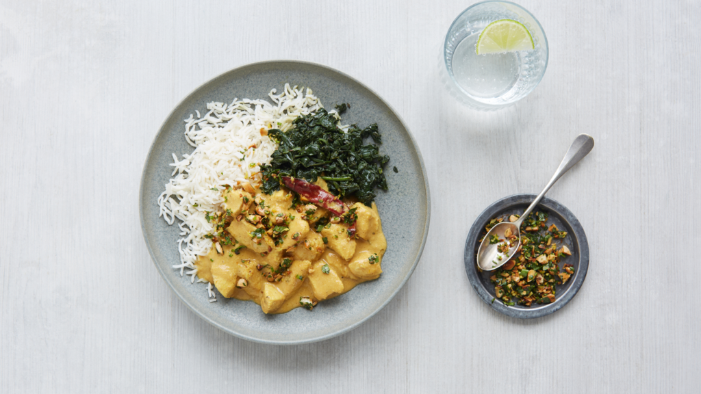Chicken Korma Curry with Saag and Crispy Garnish - The Spice Tailor UK