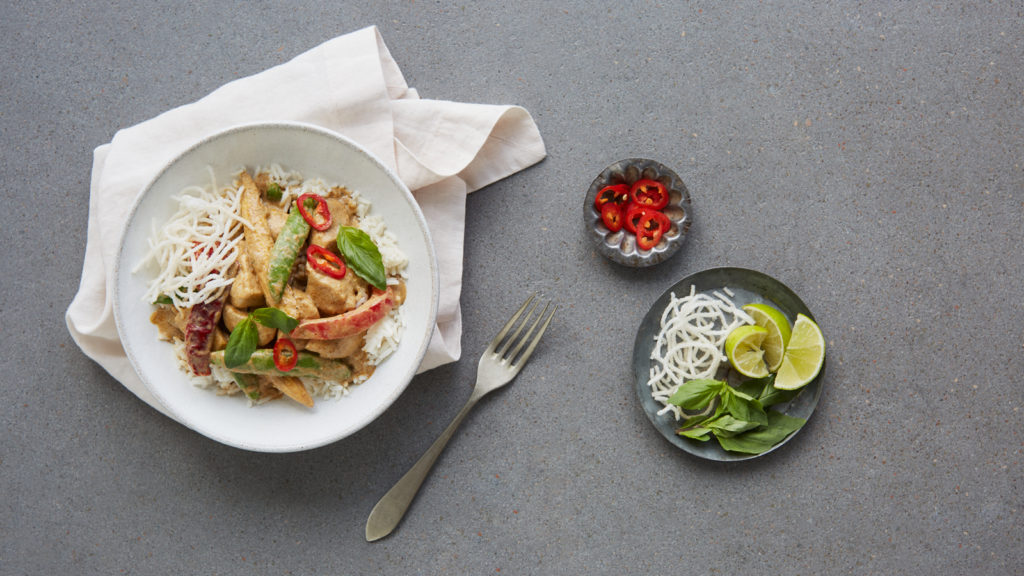 Thai Red Chicken Curry with Asian Vegetables and Crispy Rice Noodles   - The Spice Tailor UK